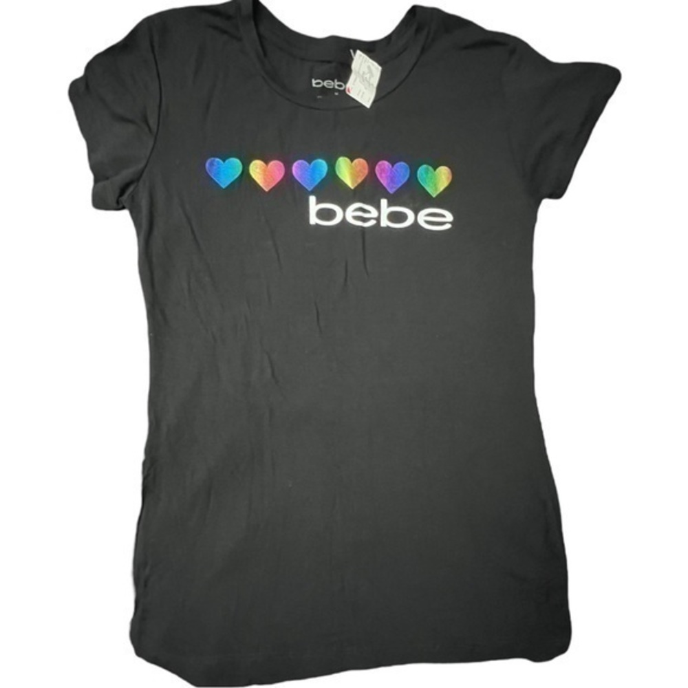 bebe metallic rainbow hearts tee - Slim Fit, Y2K, babydoll T-shirt - LGBTQ Pride